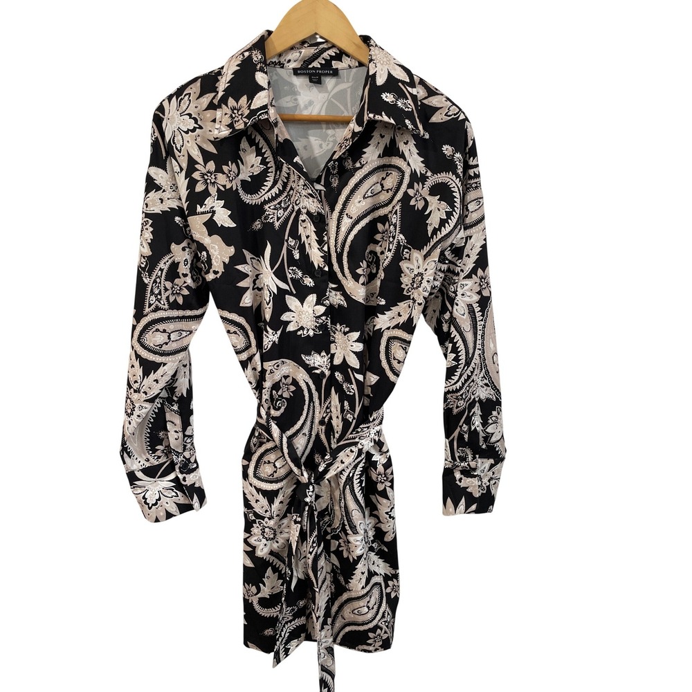 Boston Proper Black Tan Paisley Floral Button Front Shirt Dress Belted Medium